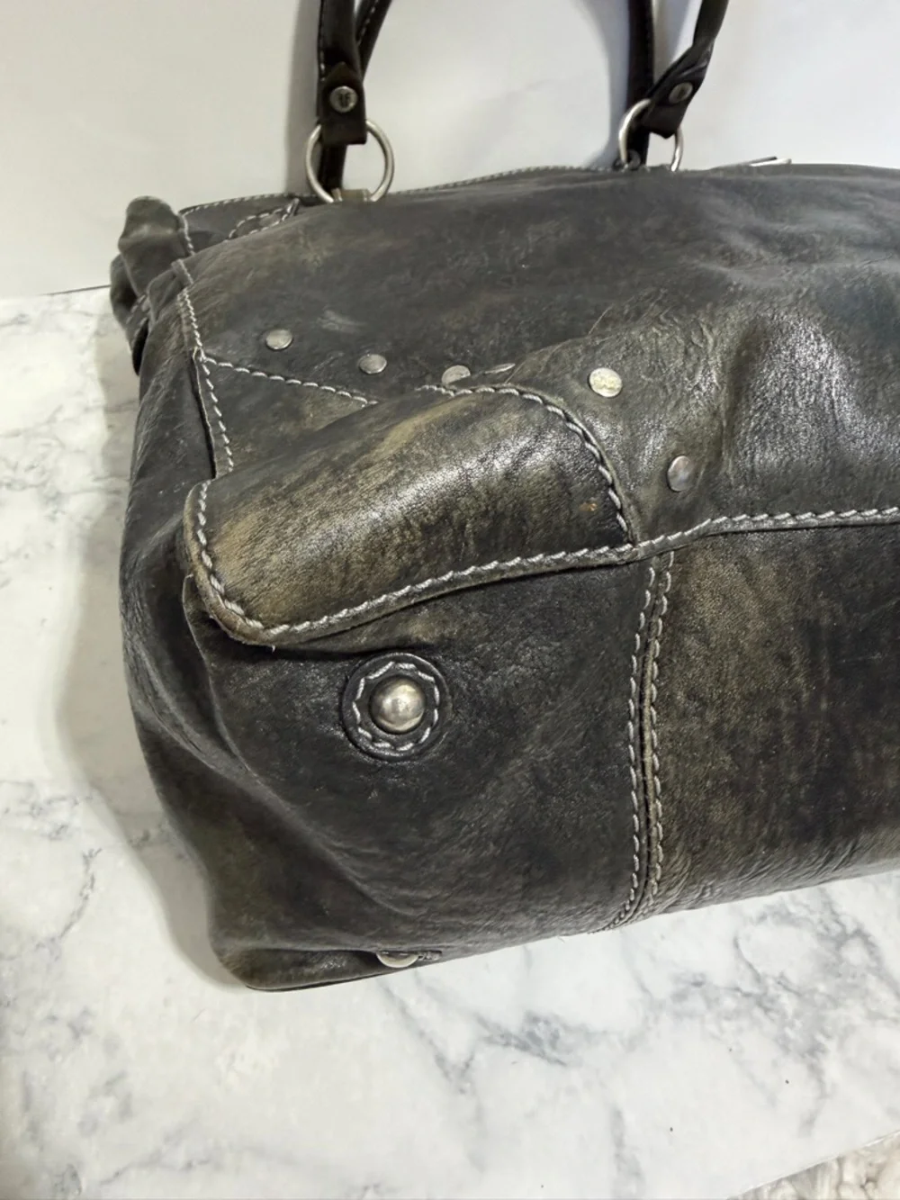 Frye Melissa rustic distressed black leather silver studded moto large tote bag - Picture 8 of 13